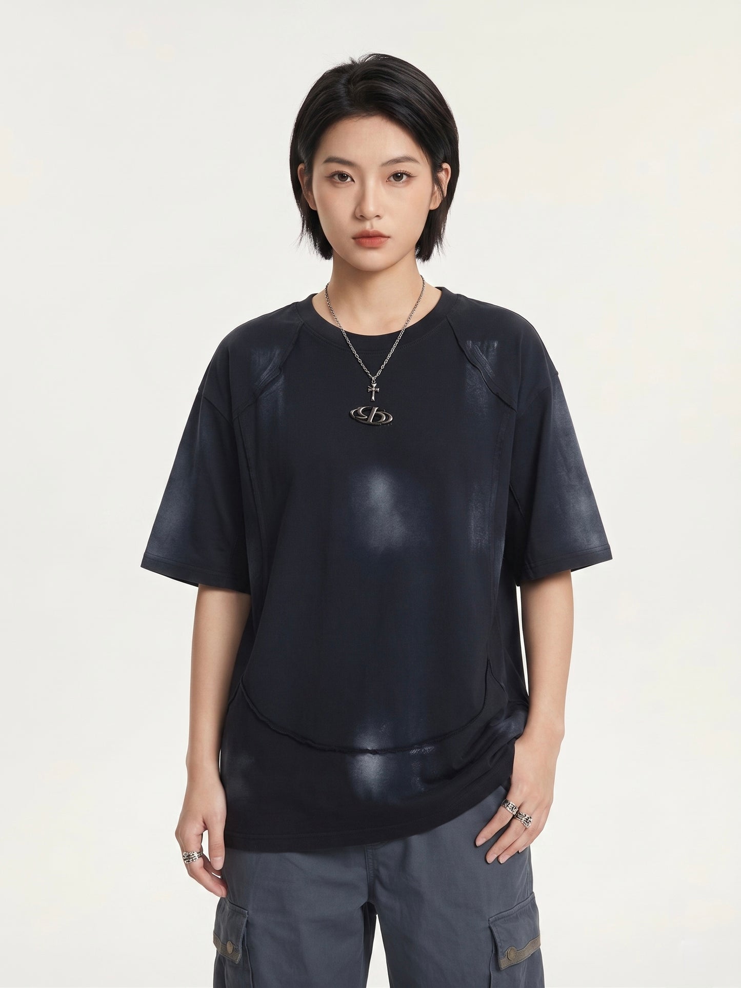 Distressed Paneled Oversized Tee