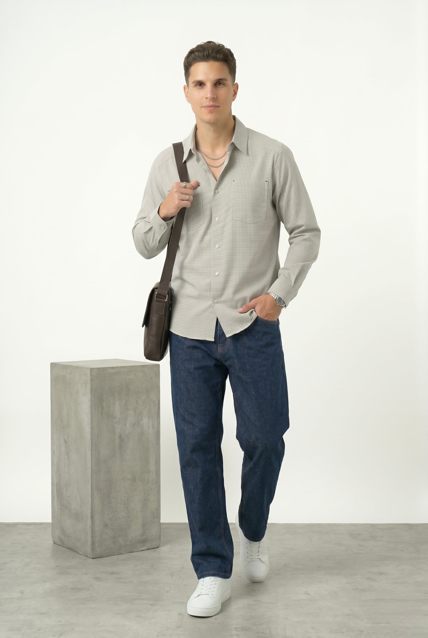 Gingham Check Long Sleeve Shirt - Taupe/Brown/Grey/White