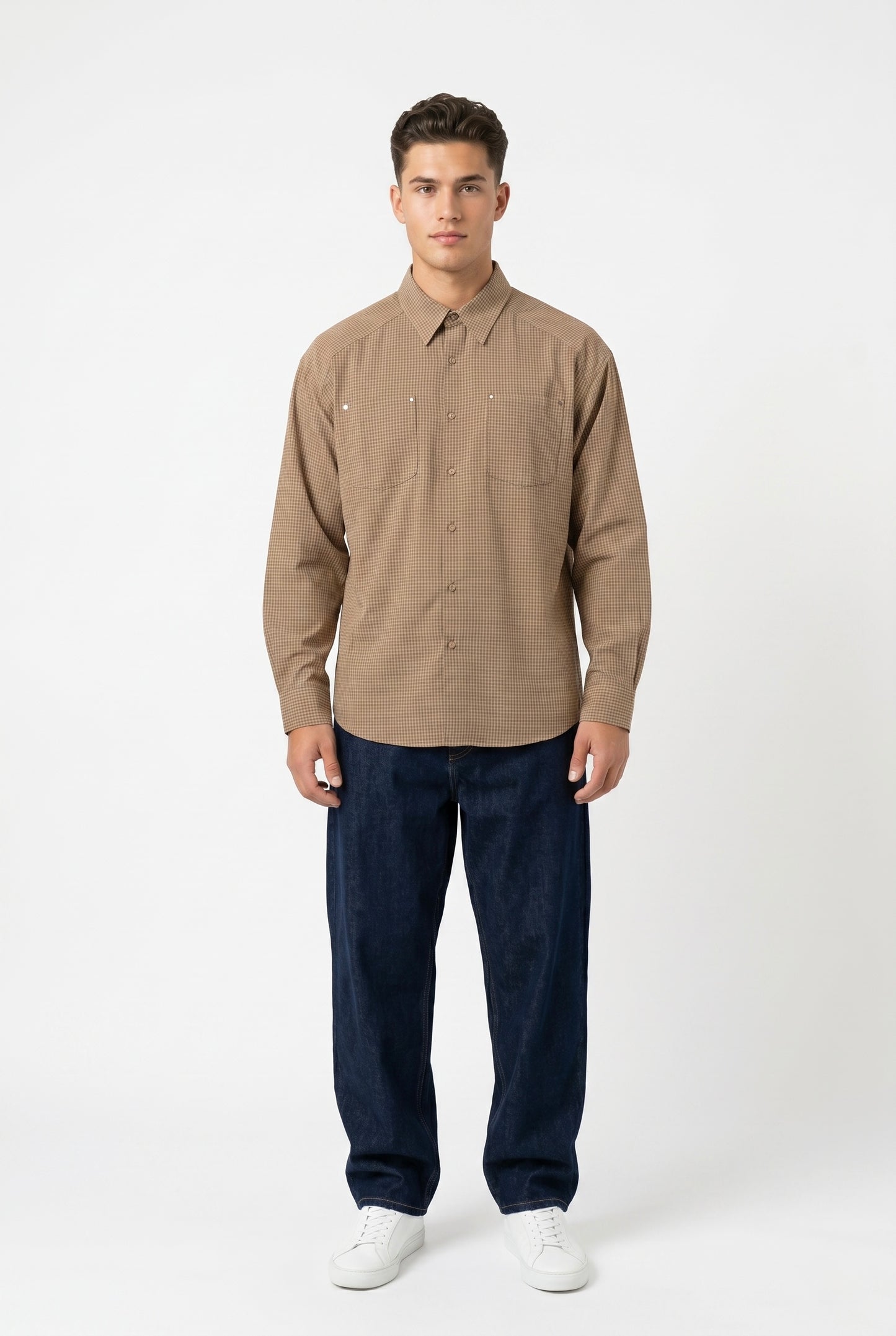 Gingham Check Long Sleeve Shirt - Taupe/Brown/Grey/White
