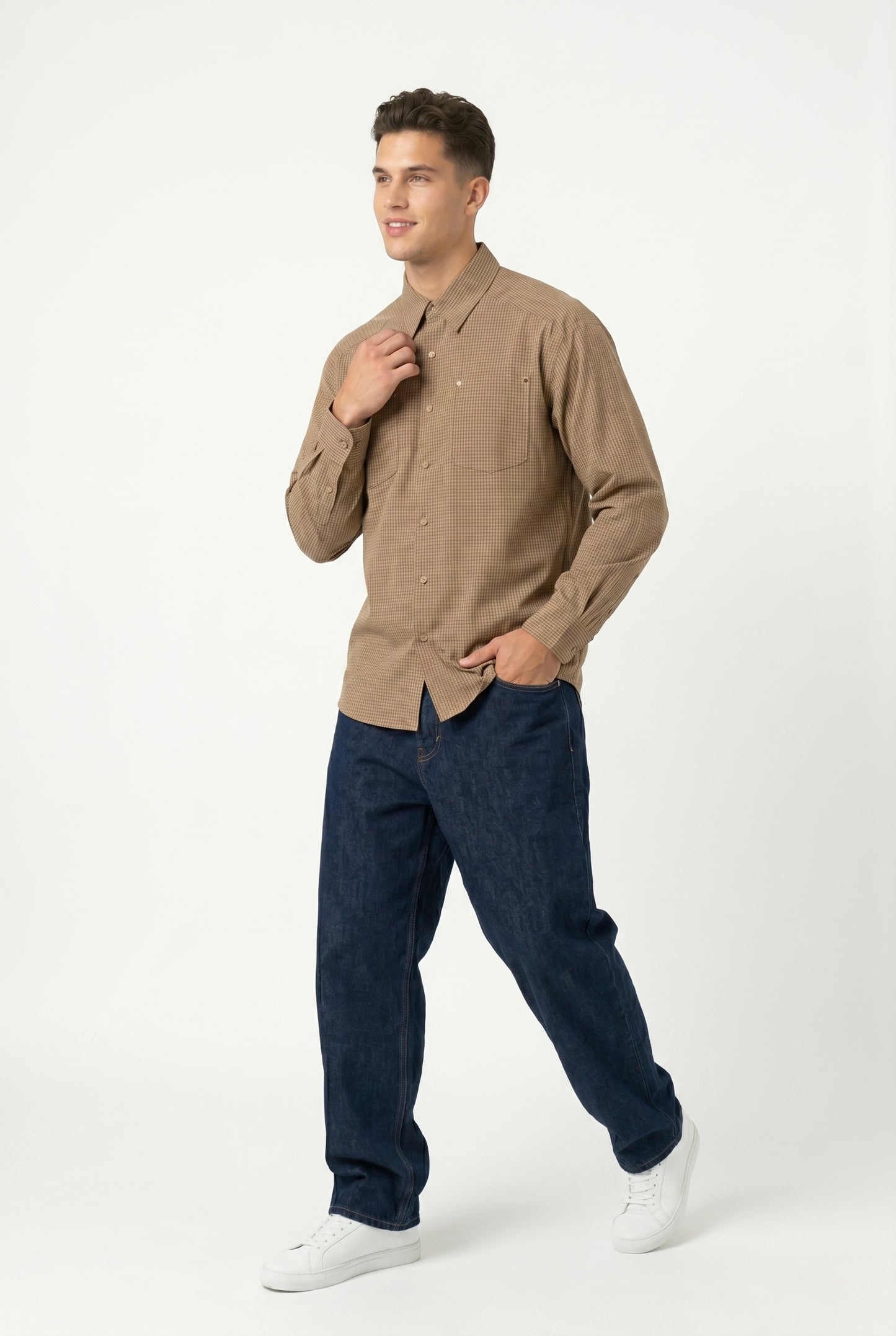 Gingham Check Long Sleeve Shirt - Taupe/Brown/Grey/White