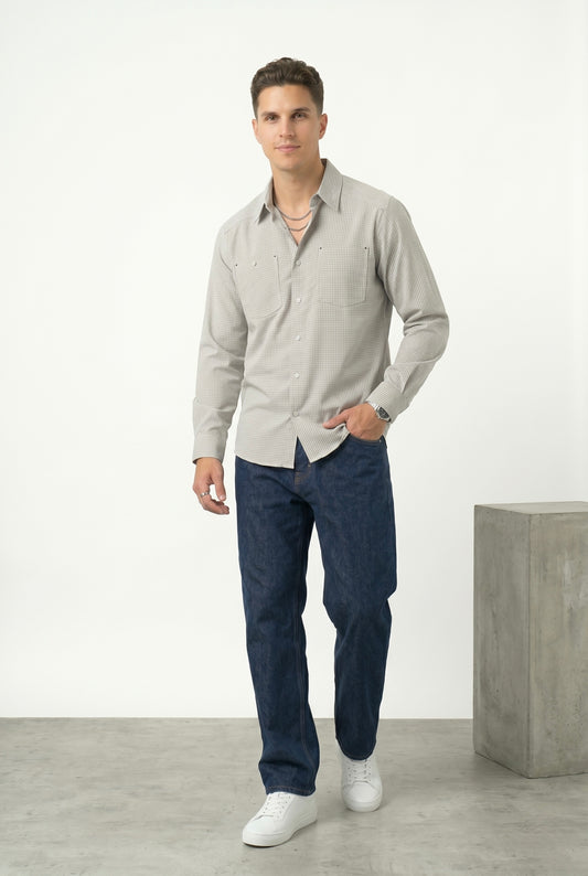 Gingham Check Long Sleeve Shirt - Taupe/Brown/Grey/White