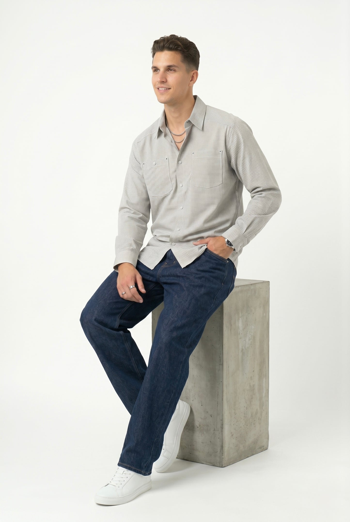 Gingham Check Long Sleeve Shirt - Taupe/Brown/Grey/White