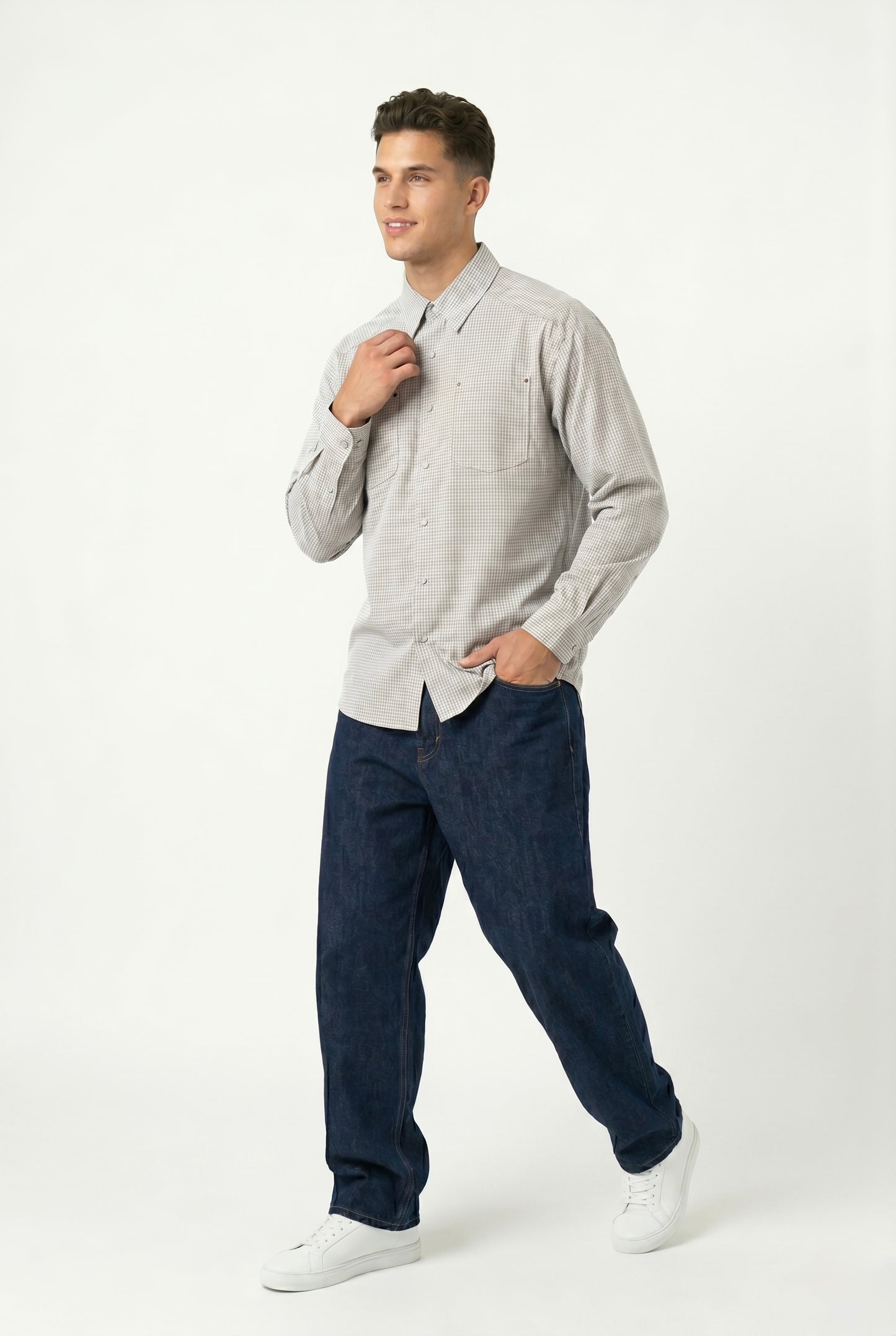 Gingham Check Long Sleeve Shirt - Taupe/Brown/Grey/White