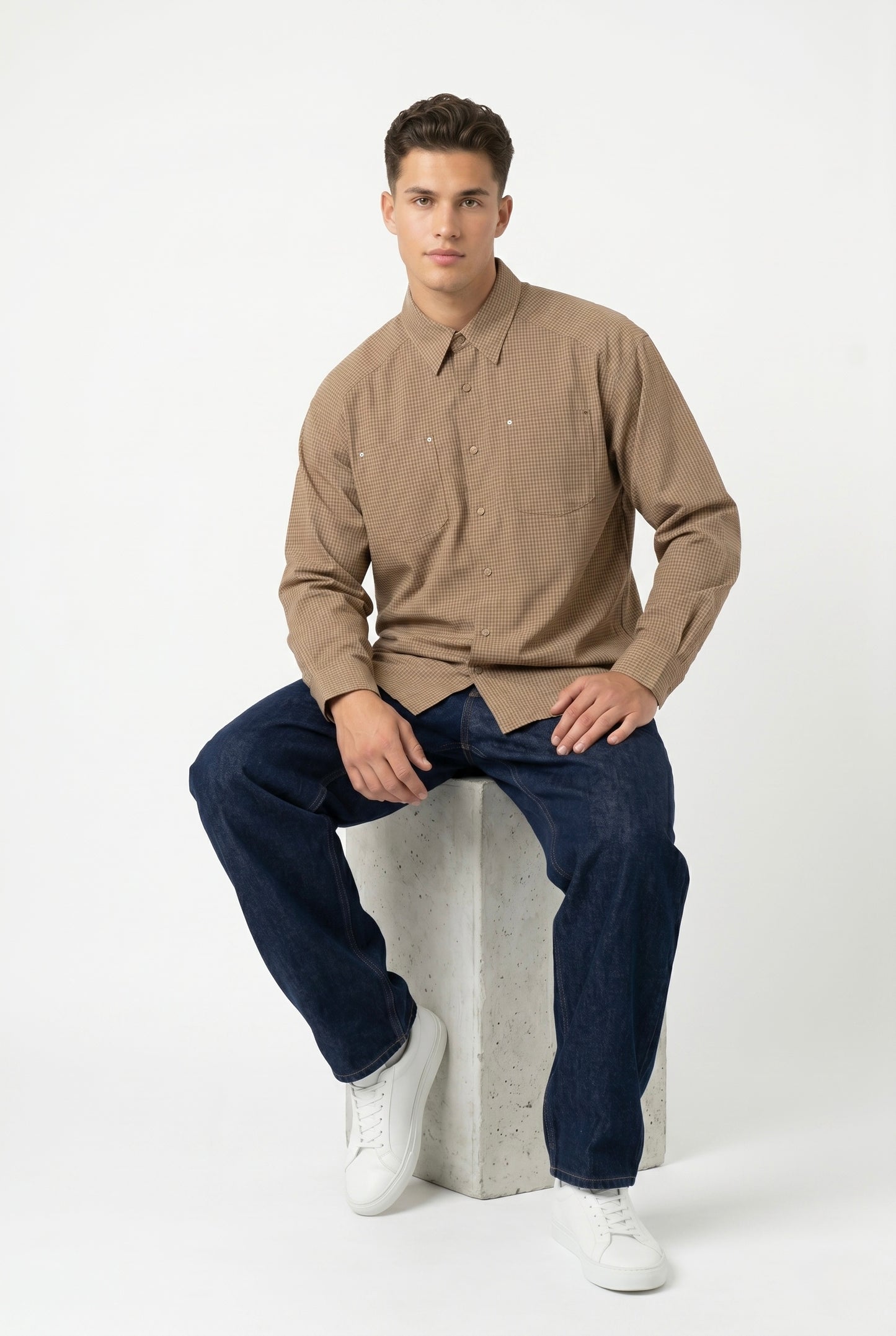 Gingham Check Long Sleeve Shirt - Taupe/Brown/Grey/White