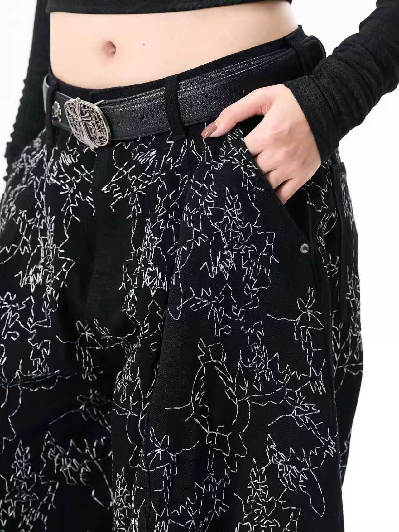 The "Static" Abstract Embroidered Wide-Leg Trousers