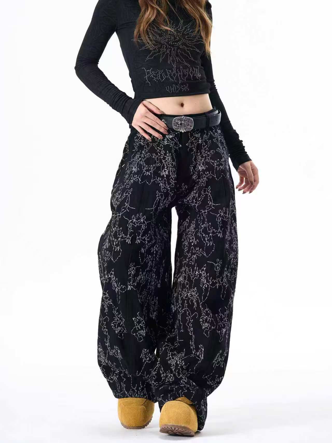 The "Static" Abstract Embroidered Wide-Leg Trousers