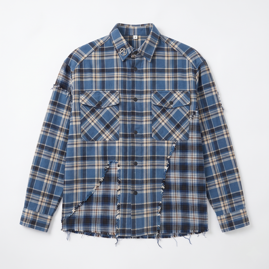 Distressed Blue Plaid "ACUPUNCTURE" Oversized Flannel Shirt