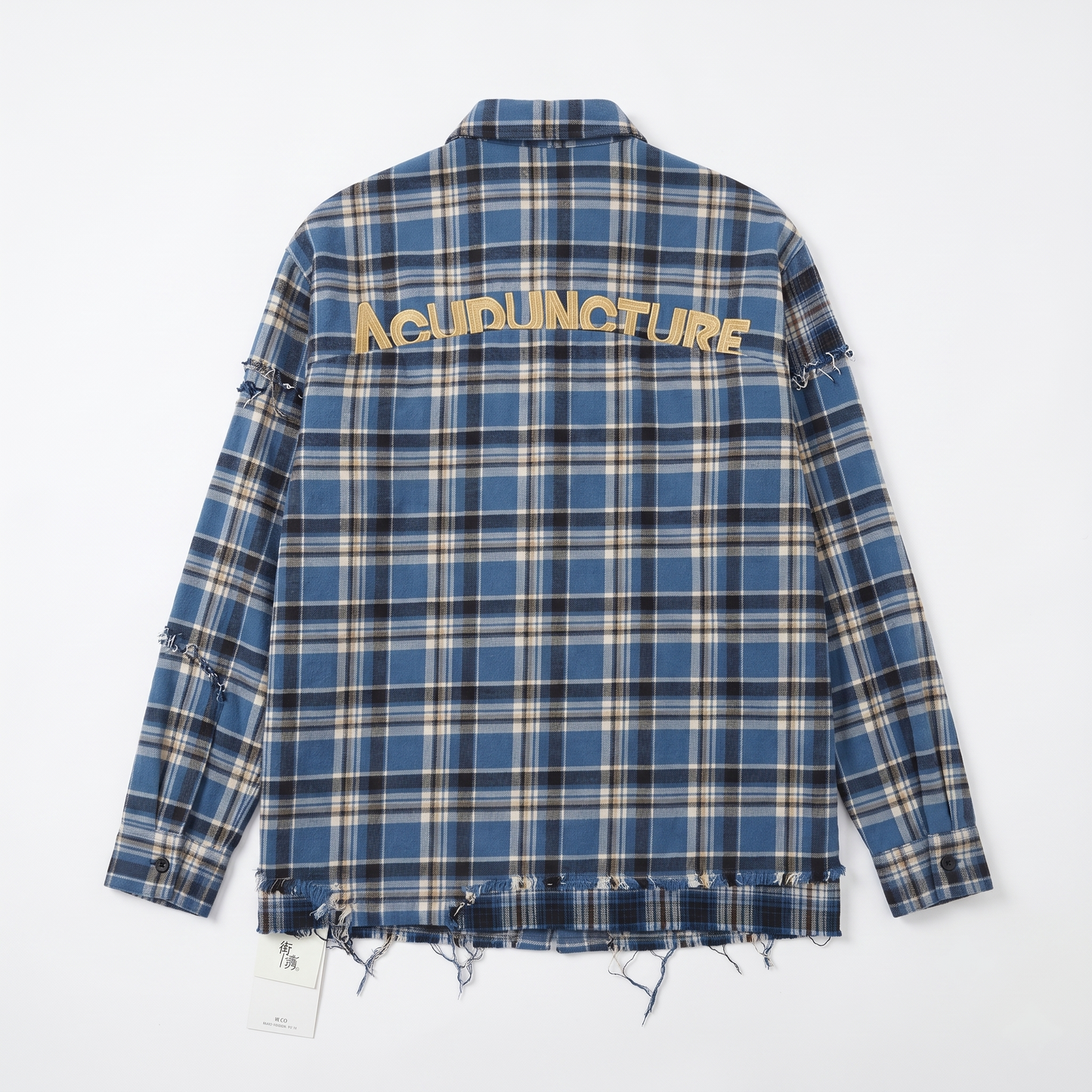 Distressed Blue Plaid "ACUPUNCTURE" Oversized Flannel Shirt