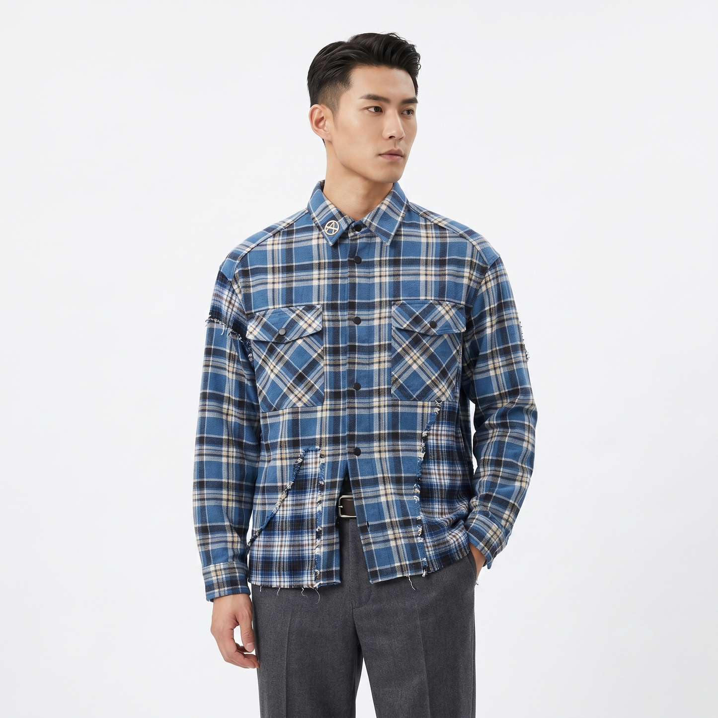 Distressed Blue Plaid "ACUPUNCTURE" Oversized Flannel Shirt